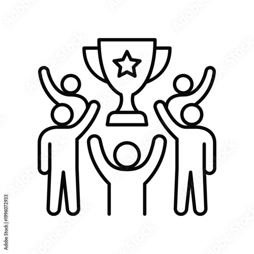 People celebrating victory with trophy for teamwork and success line icon