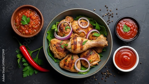 Grilled Chicken with Spicy Sauces and Fresh Herbs on Dark Background