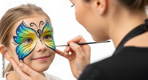 Close-up of a child getting a colorful butterfly face paint design applied by an artist.