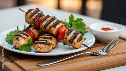 Grilled Chicken Skewers with Vegetables and Sauce