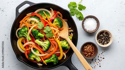 Vegetable Stir Fry in Cast Iron Skillet with Spices
