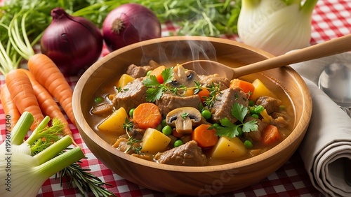 Hearty Beef Stew with Vegetables in a Wooden Bowl