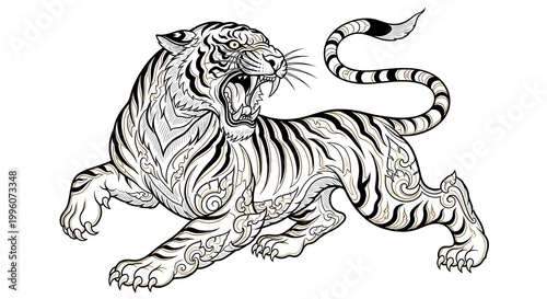 Intricate Thai Tattoo Style White Tiger Illustration Roaring Aggressively.
