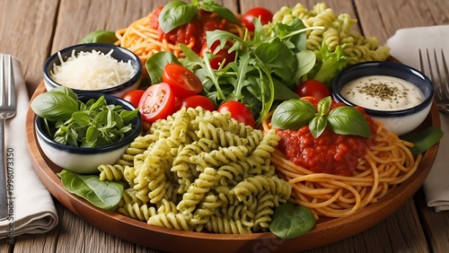 Delicious pasta dish with various sauces and toppings on wooden table