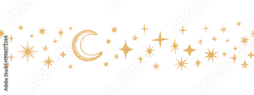 Celestial star border, golden crayon moon, simple elegant repeat ornament. Festive shiny space elements. Magic separator, spiritual print. Vintage hand drawn sky, astrology background