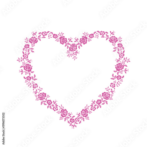 heart-shaped frame composed of pink rose flower pattern, vector illustration