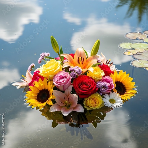 Floral Bouquet Floating on Water Reflecting Sky and Clouds.