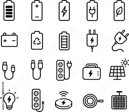 Collection of battery and power icons including charging symbols plugs and solar panels for energy and technology concepts isolated on white background