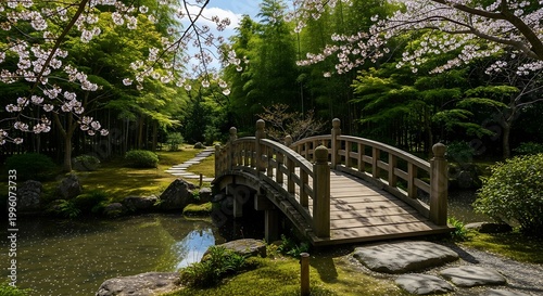 Tranquil Japanese Garden with Wooden Bridge and Lush Greenery.