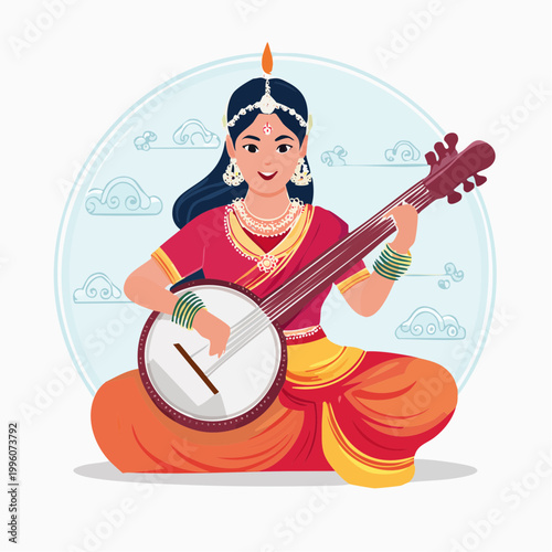 Illustration of Goddess Saraswati playing Veena