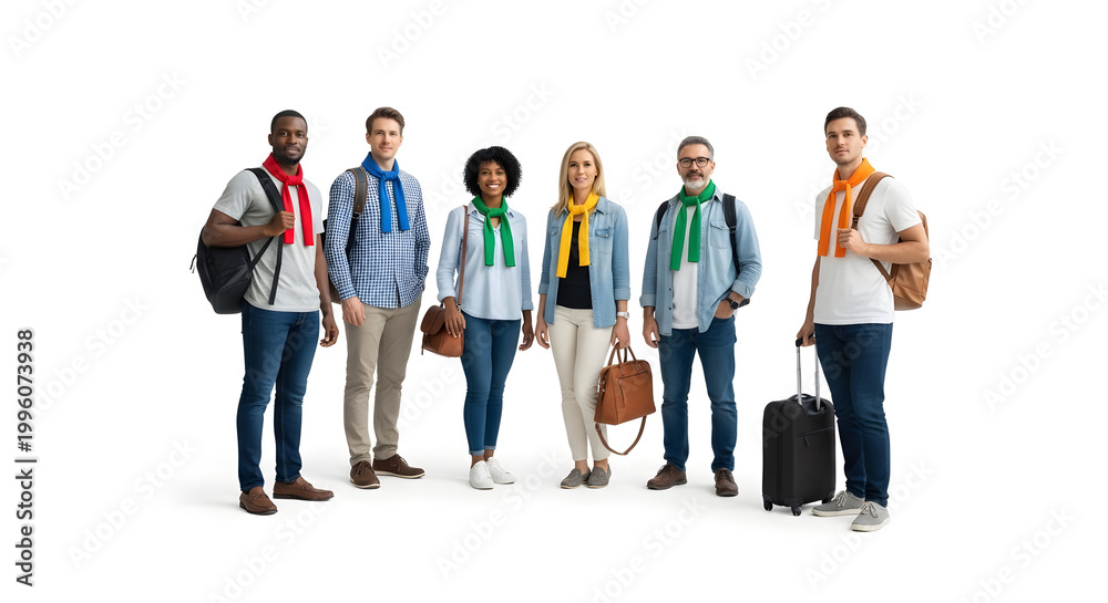 Obraz premium A diverse group of travelers standing together with luggage and backpacks on a plain white background