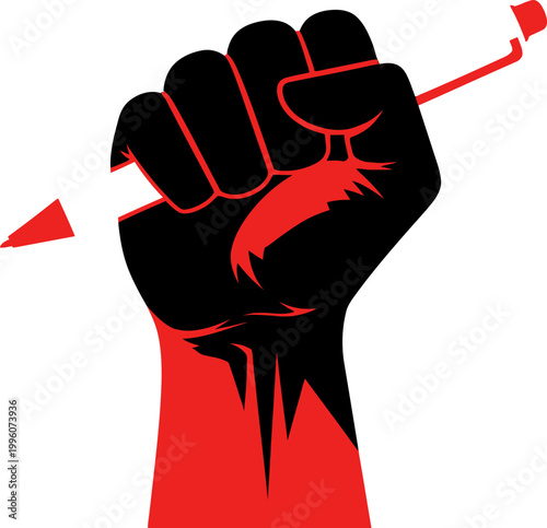 Dynamic emblem of a clenched fist wielding a pencil, symbolizing the potent fusion of artistic prowess, assertive communication, and the power of creative protest