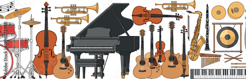Large Collection of Musical Instruments with Piano, Guitar, Violin, Drums, Trumpet, Saxophone, and More for Music Designs