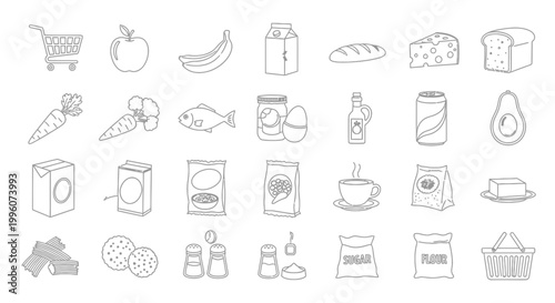 Hand drawn style illustration featuring various grocery items and food products
