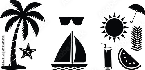 Vector set of summer icons. Silhouette of beach picnic vector icon set collection. summer icons concept isolated on white, vector illustration.