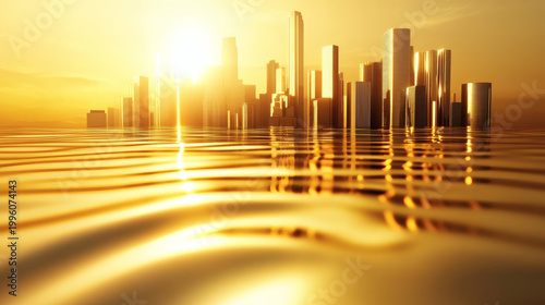 Golden city skyscrapers reflecting on water surface during sunset