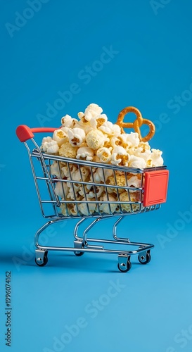 Mini Shopping Cart Overflowing with Popcorn and Pretzels on Blue Background.