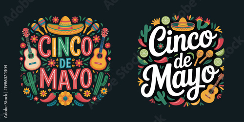 Cinco de Mayo Lettering Emblem Set with Mexican Guitar Sombrero and Cactus on Dark Background