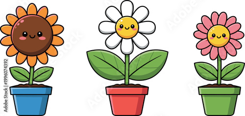 Cute Kawaii Cartoon Flower Pot Set with Sunflower, Daisy, and Pink Flower Smiling Faces for Kids and Garden Designs