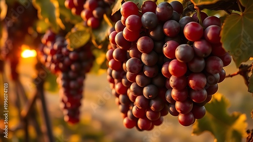 Deep red Sangiovese grapes ripening on the vine in a vineyard at sunset.