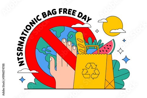 International Bag Free Day eco friendly reusable bag with food and earth globe