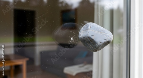 Grey Stone Suspended Against A Clean Glass Pane