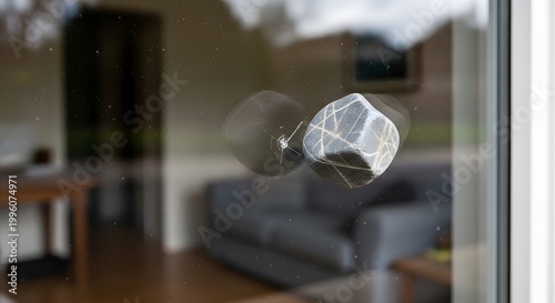 Broken Glass Window Caused By A Small Flying Stone Impact