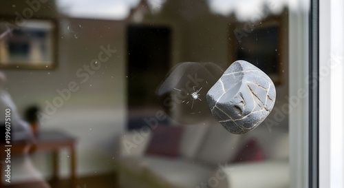 Rock Flying Towards Window Creating A Sharp Impact