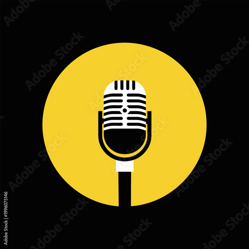 Classic Studio Microphone Icon in a Bold Yellow Circle, Perfect for Audio Recording, Podcast, and Broadcast Concepts