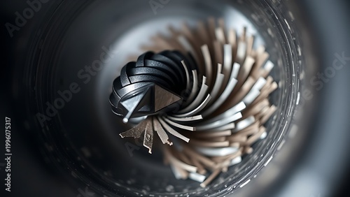 Sharp reamer tool creating a spiral of metal shavings from a tube.