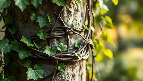 Close-up of thick vines tightly cinching around an ancient stone pillar, creating deep grooves.