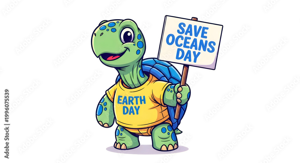 Obraz premium Cute cartoon turtle wearing yellow shirt holding save oceans day sign for earth day isolated on white background