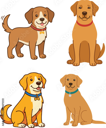 Set of cute dog illustrations in different poses and colors, featuring friendly cartoon pets in a playful style.