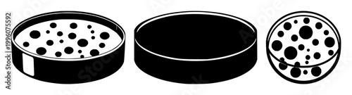 Petri dish set with solid black icon on white background featuring cell culture, microbiology, laboratory with bacteria and research