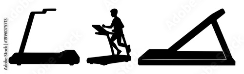 Cardio treadmill machine set with solid black icon design featuring fitness, exercise, running with workout and gym equipment