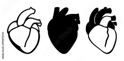 Cardiology heart organ icon set with solid black icon on white background featuring medical, anatomy, cardiovascular with simple and graphic