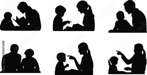 Adult and child silhouettes reading, teaching, listening, pointing, guiding, communicating, learning interaction vector illustration for stock content SEO optimization