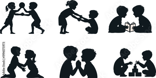 Children silhouettes playing, helping, reading, clapping, and building blocks together, teamwork cooperation learning activities vector illustration for stock content