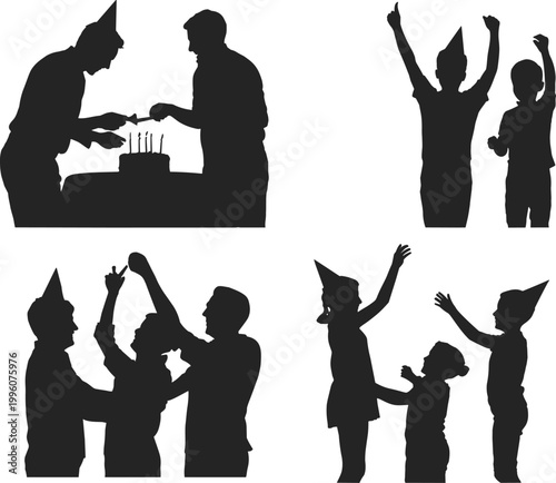 Birthday party celebration silhouettes with cake, candles, cheering people, dancing with party hats, joyful family gathering, festive vector illustration