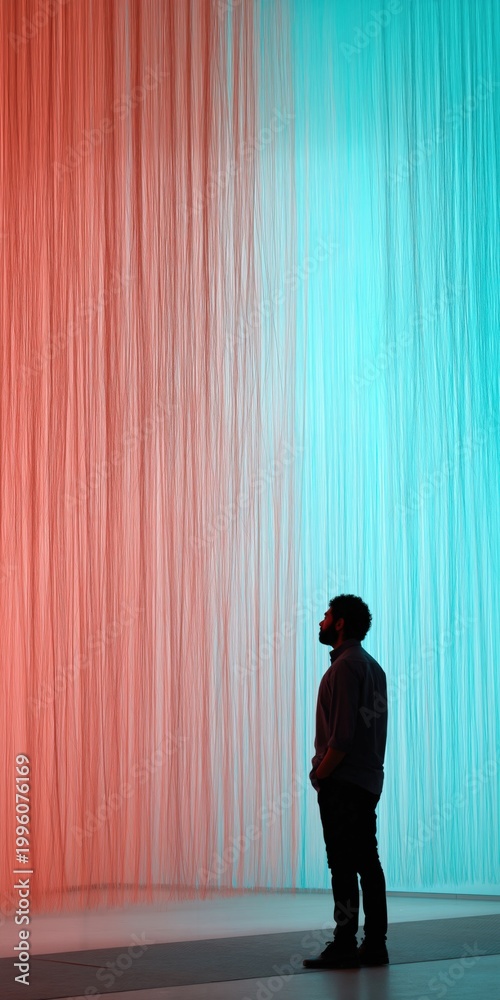 Obraz premium African male adult standing in profile before tall curtain of hanging threads split into coral and teal illumination in a modern exhibition