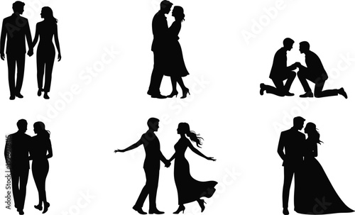 Couple silhouettes walking, embracing, proposing, dancing, wedding scene, romantic love relationship vector illustration for stock content SEO optimization purposes