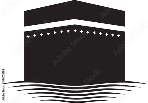 Kaaba in Mecca, Islamic Architecture Landmark, Black and White Vector Illustration
