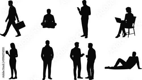 Everyday lifestyle silhouettes of people walking, sitting, working, relaxing, using phone, laptop, cup holding, social interaction vector illustration art