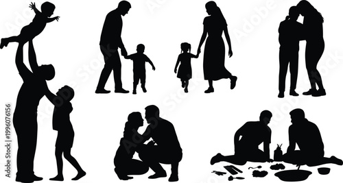 Family and social interaction silhouettes with parents, children, bonding, caring, joyful communication, picnic moments, vector illustration for stock content