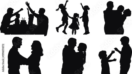 Family celebration, children playing, parents embracing, joyful bonding silhouettes, love connection, unity, affection moments, happy togetherness vector illustration art