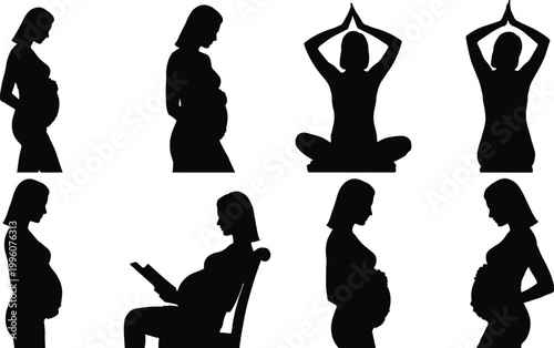 Pregnant women silhouettes in yoga, meditation, reading, relaxation, standing poses, motherhood connection, prenatal care, maternity lifestyle vector illustration art
