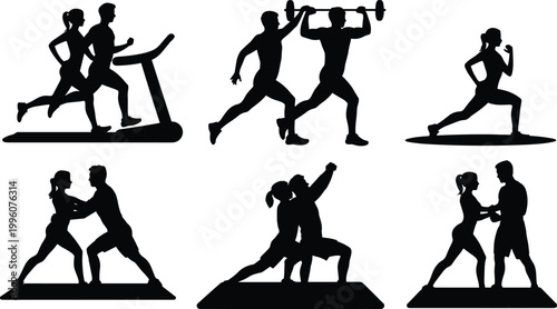 Fitness silhouettes of people exercising, running, stretching, lifting weights, practicing yoga, teamwork training, balance coordination, vector illustration design