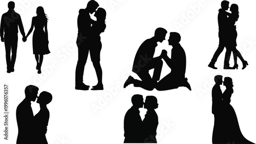 Romantic couple silhouettes with love, proposal, embrace, kiss, holding hands, affectionate poses, relationship bonding, vector illustration for stock content