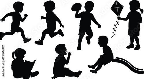 Silhouette children running, playing, reading, holding ball, flying kite, sliding, learning, enjoying fun activities, childhood moments, playful interaction, curiosity