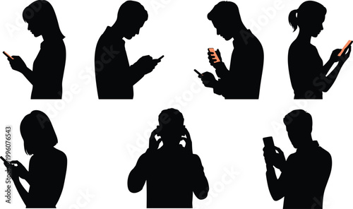Silhouette collection of diverse people using smartphones in everyday modern life, highlighting digital communication, mobile technology, and connected lifestyles